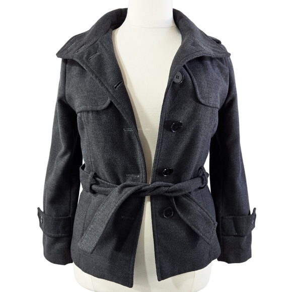 Zara Basic Gray Single Breasted Belted Peacoat Pockets Classic Preppy - Picture 1 of 11